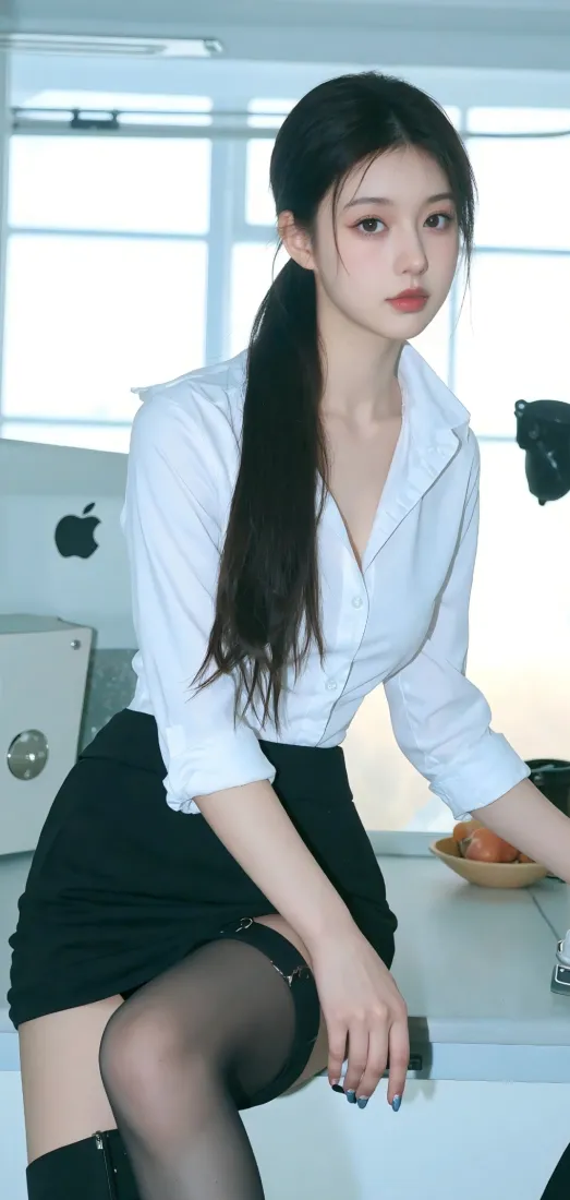 职场美女手机壁纸｜Ios办公 - 白衬衫黑裙「哲风壁纸」