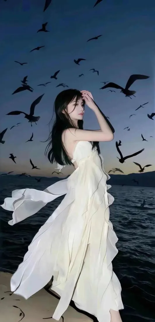 白衣美女手机壁纸｜海边飞鸟背景 - 长裙飘动「哲风壁纸」
