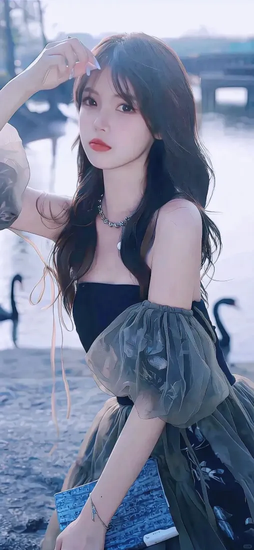 纱裙美女手机壁纸｜湖景桥景 - 黑天鹅「哲风壁纸」