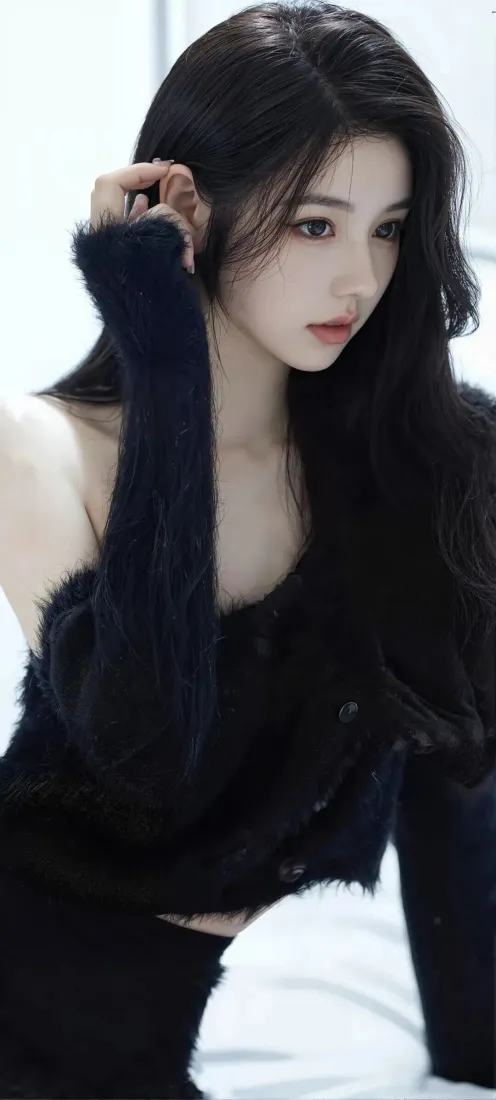 黑衣美女手机壁纸｜Ios背景 - 长发露肩「哲风壁纸」