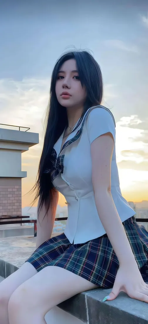 JK美女手机壁纸｜天台黄昏 - 校服「哲风壁纸」