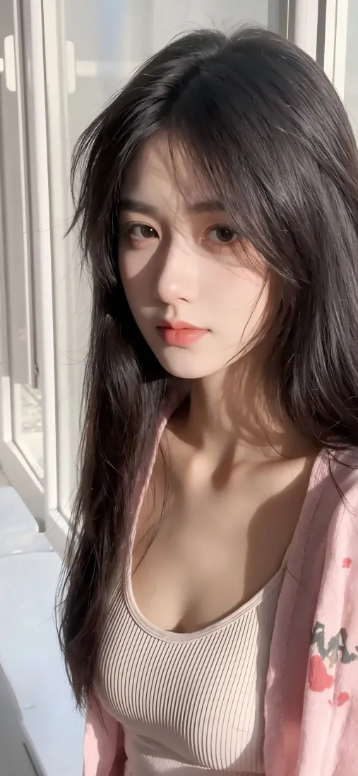 美女手机壁纸｜室内背景图 - 粉色外套「哲风壁纸」