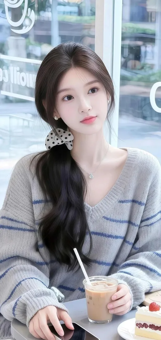 长发美女手机壁纸｜咖啡馆背景 - 灰色毛衣「哲风壁纸」