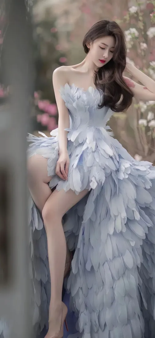 美女手机壁纸｜花林背景 - 浅蓝色羽毛裙「哲风壁纸」