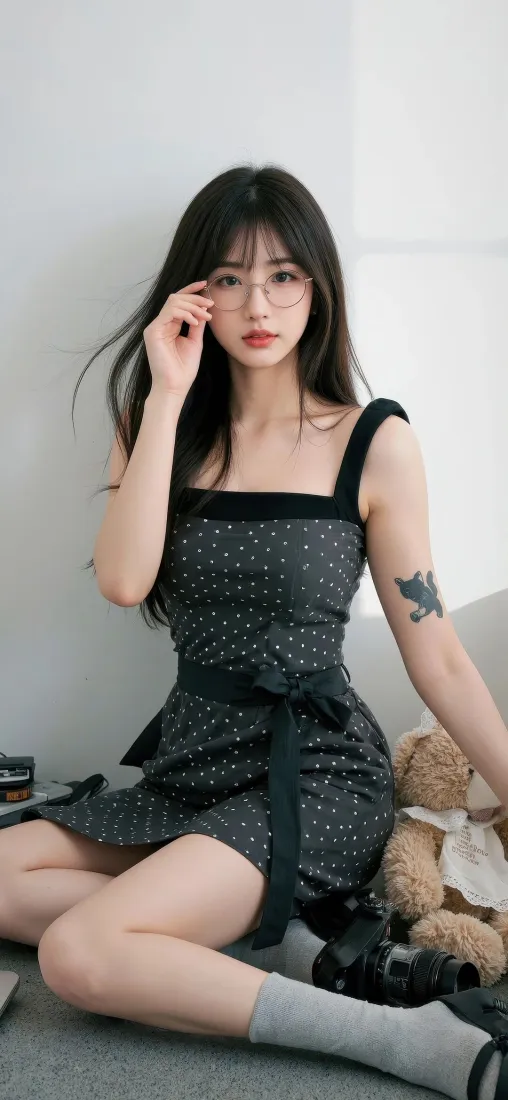 美女手机壁纸｜室内背景图片 - 黑色波点裙「哲风壁纸」