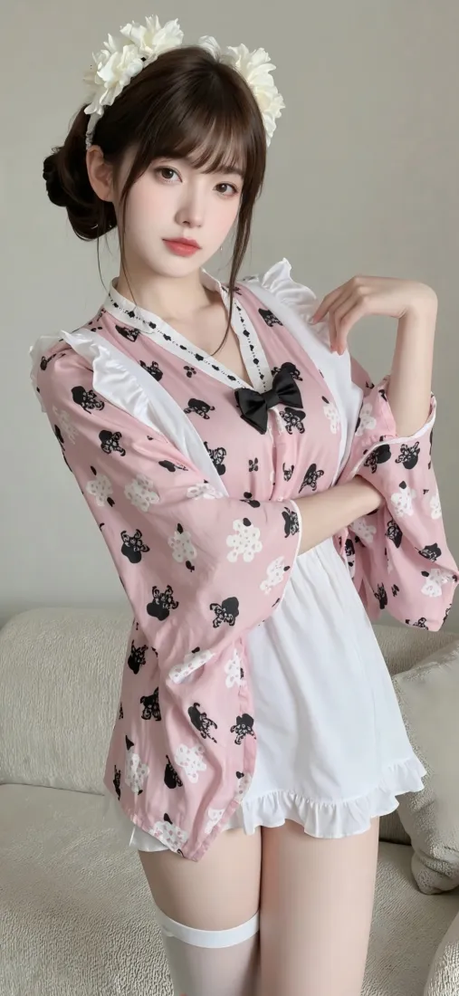 粉色女仆装美女手机壁纸｜室内 - 过膝袜「哲风壁纸」