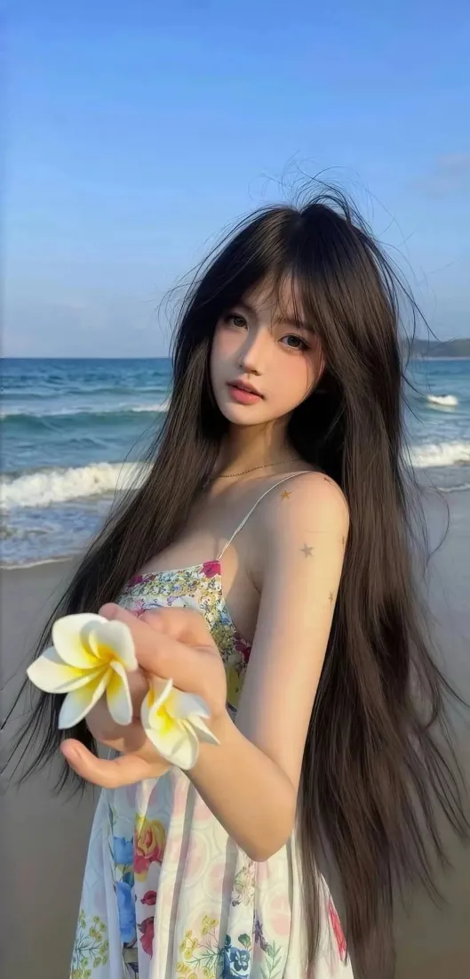 海边美女手机壁纸｜沙滩背景图片 - 花裙长发「哲风壁纸」