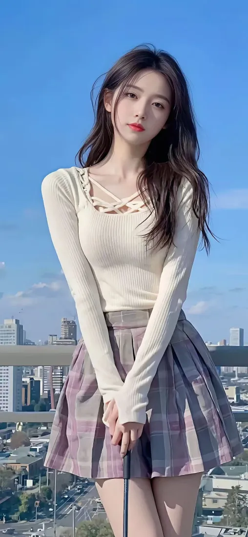 美女手机壁纸｜城市蓝天背景图片 - 格纹裙「哲风壁纸」