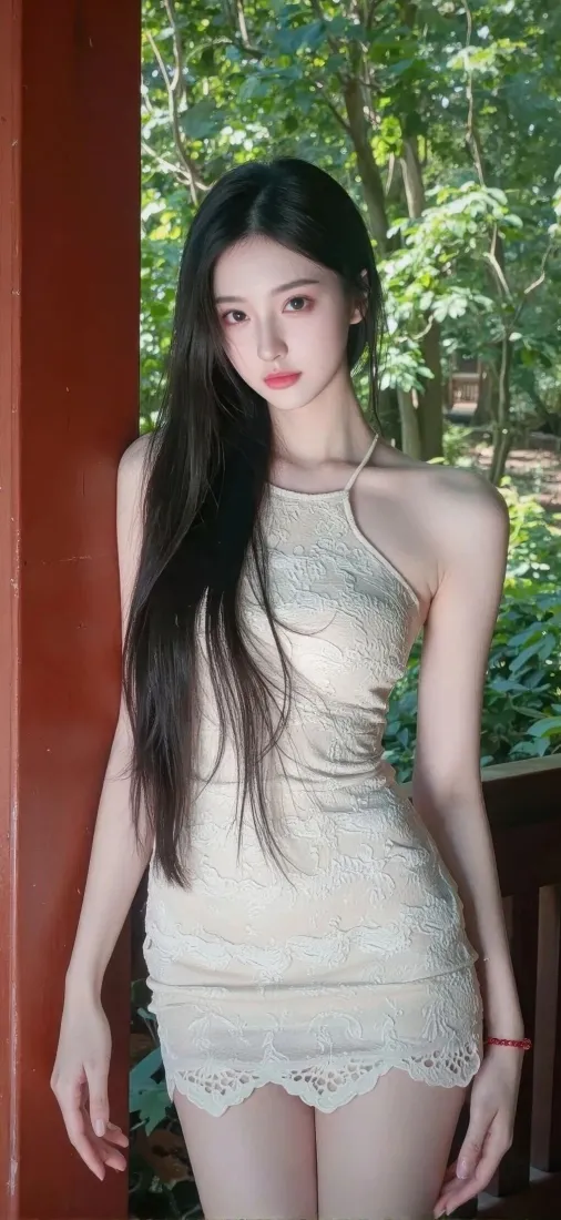 美女手机壁纸｜绿植背景 - 蕾丝连衣裙「哲风壁纸」