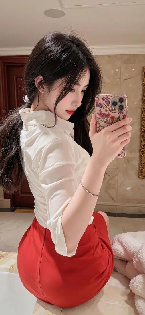红衣美女自拍手机壁纸｜室内背景 - Ios手机「哲风壁纸」