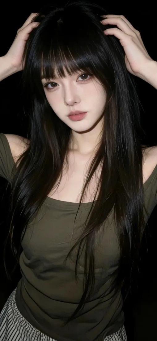 长发美女手机壁纸｜黑色背景图片 - 绿衣红唇「哲风壁纸」