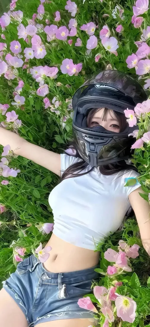 头盔美女手机壁纸｜粉色花草地背景 - 牛仔短裤「哲风壁纸」