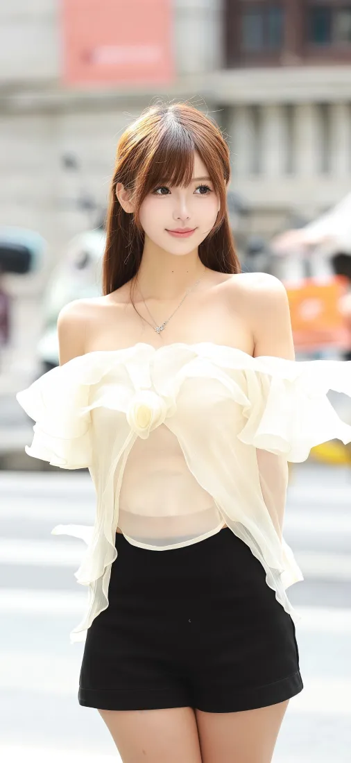 美女手机壁纸｜街景背景图片 - 白衣黑裤「哲风壁纸」