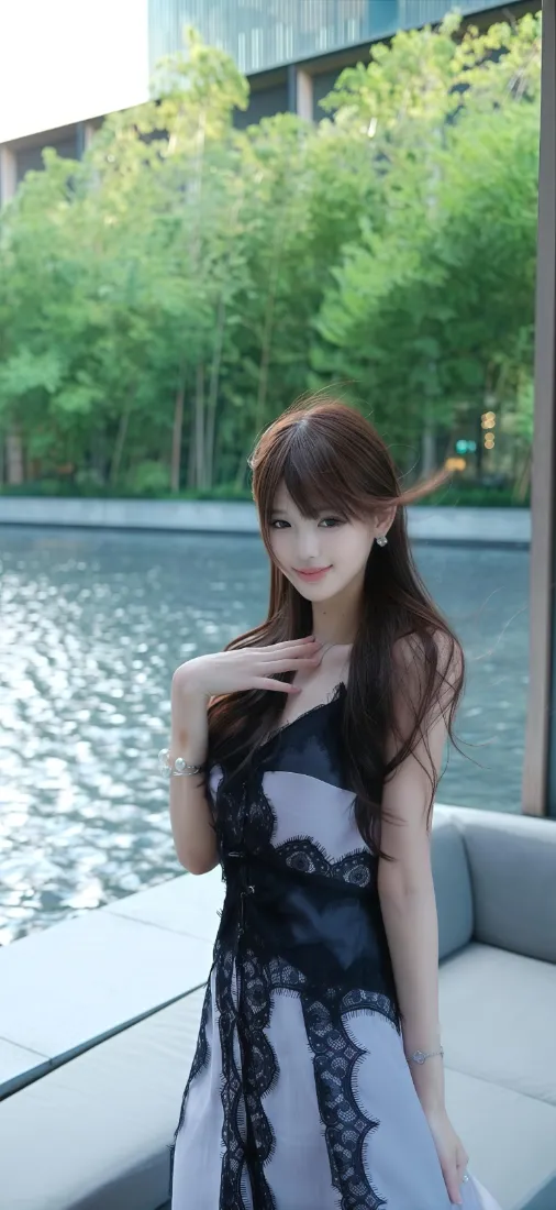 美女手机壁纸｜水池绿植背景 - 黑紫裙「哲风壁纸」