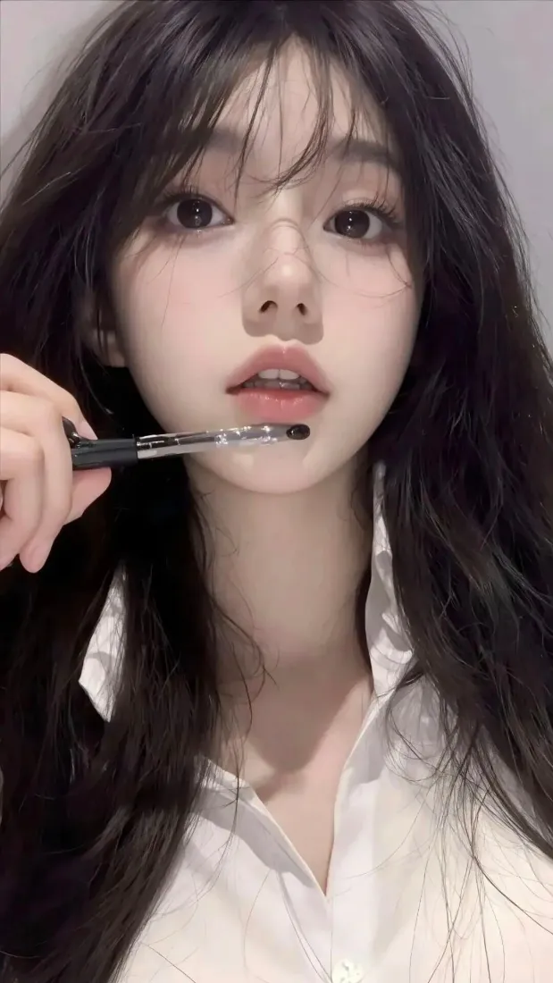 美女涂口红手机壁纸｜白衬衫背景 - 长发美妆「哲风壁纸」
