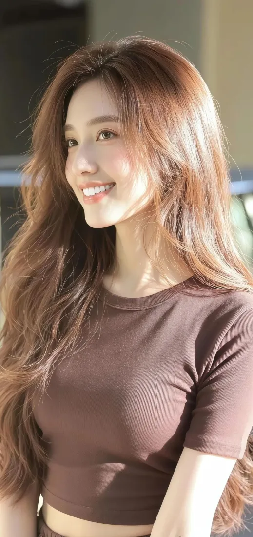 长发美女手机壁纸｜棕色上衣背景图片 - 微笑「哲风壁纸」