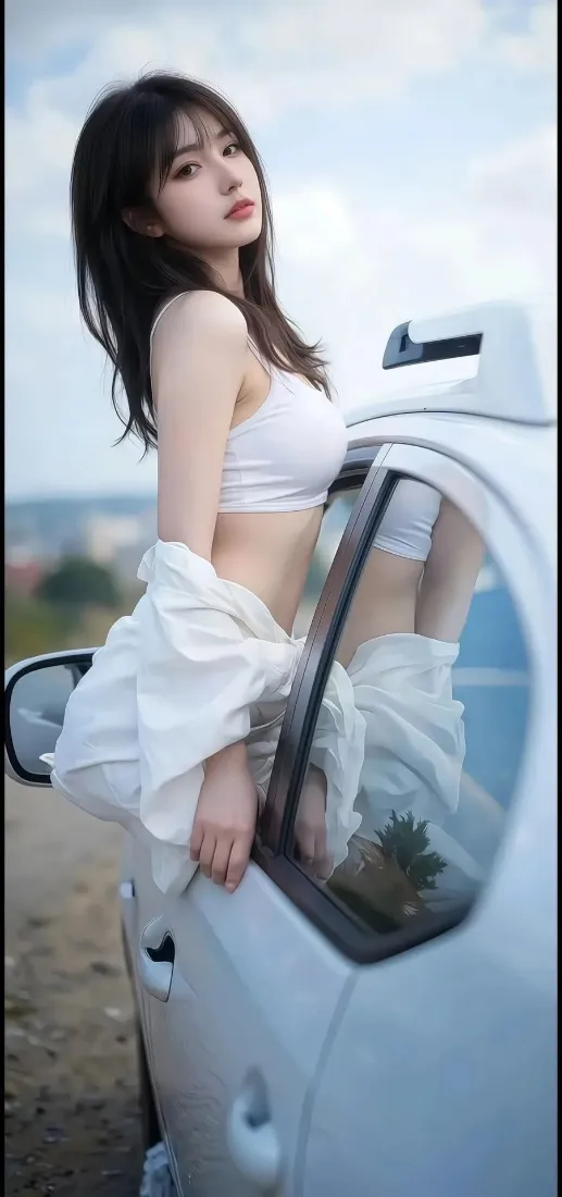 白衣美女手机壁纸｜白色汽车背景图片 - 户外「哲风壁纸」