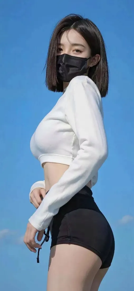 白衣美女手机壁纸｜蓝天背景图 - 黑裤口罩「哲风壁纸」