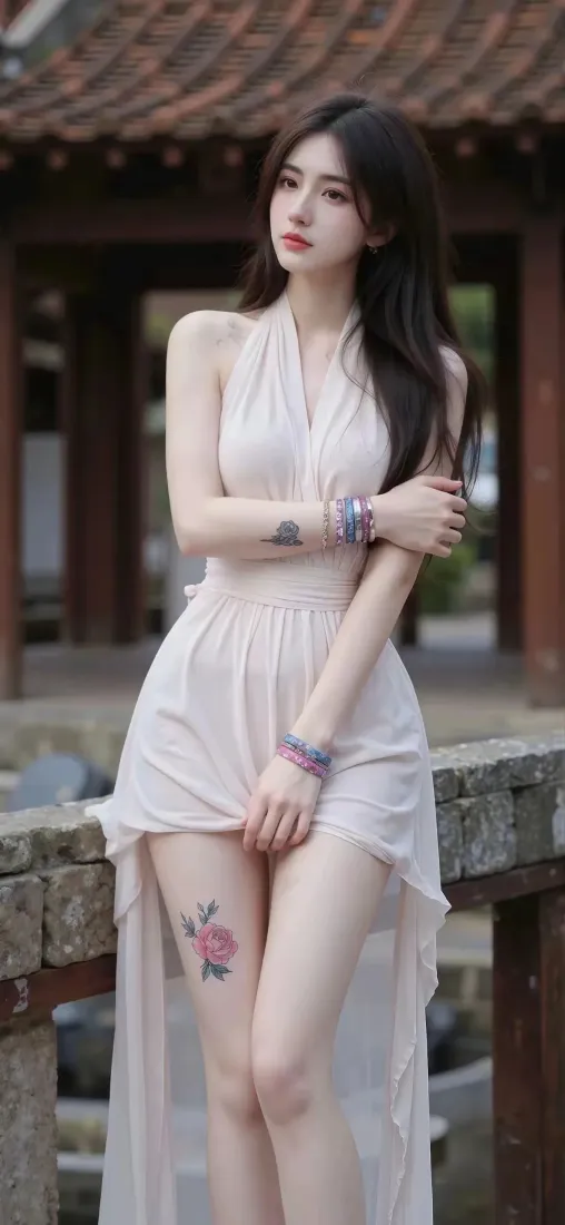 浅色长裙美女手机壁纸｜古风建筑背景 - 纹身「哲风壁纸」