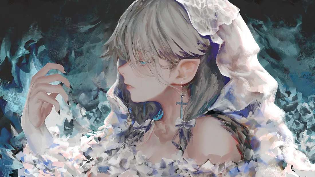 2k精灵少女壁纸｜蓝色烟雾背景图片 - 银发女孩「哲风壁纸」