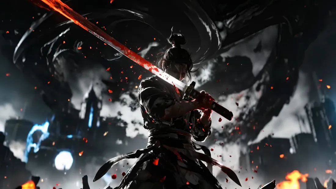 2k武士执剑红剑壁纸｜暗黑火焰背景 - 怪物战斗「哲风壁纸」