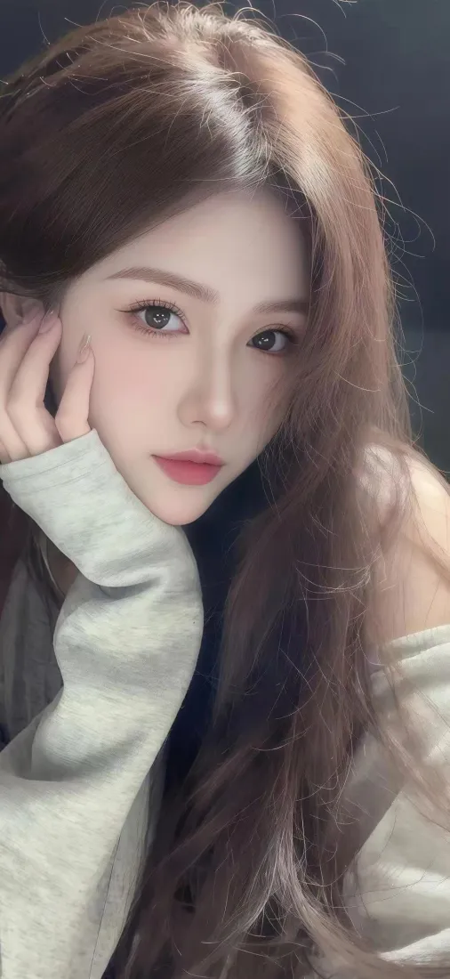 （长发美女Ios手机壁纸｜暗色背景 - 浅灰上衣红唇）「哲风壁纸」