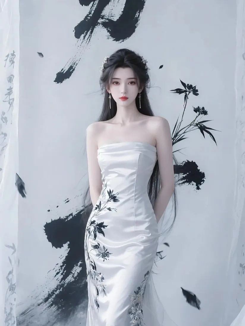 古风美女手机壁纸｜水墨背景图片 - 白色礼服「哲风壁纸」
