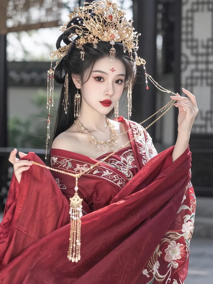 红衣美女汉服手机壁纸｜古风背景图片 - 传统头饰「哲风壁纸」