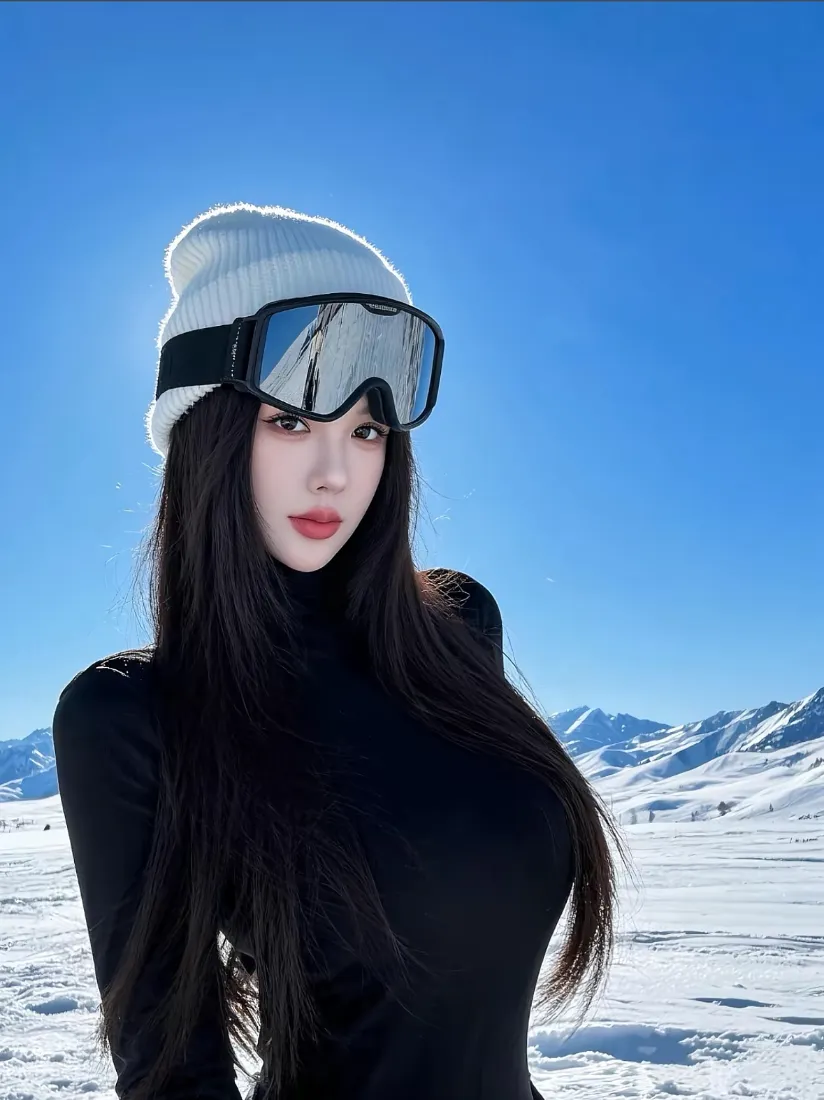 滑雪美女手机壁纸｜雪山雪地背景 - 黑衣滑雪镜「哲风壁纸」