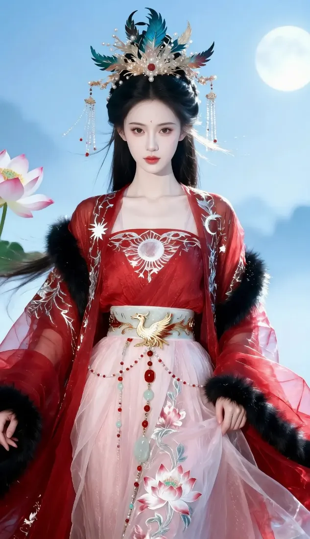 红衣美女手机壁纸｜古风背景图片 - 荷花月亮山水「哲风壁纸」