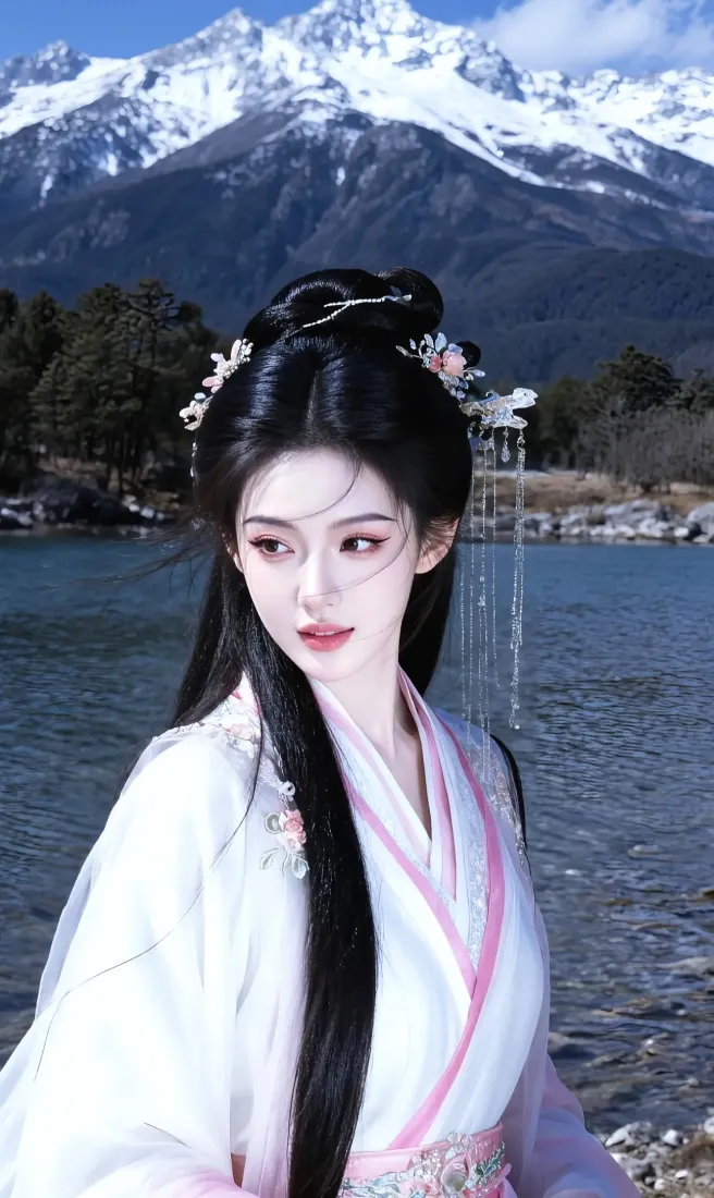 白衣古装美女手机壁纸｜雪山湖泊背景图片 - 古风「哲风壁纸」