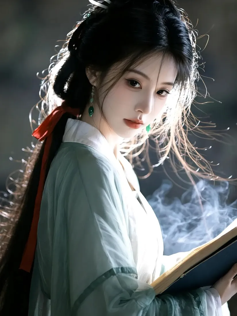 古装女子手机壁纸｜古风背景图片 - 持书汉服红丝带「哲风壁纸」