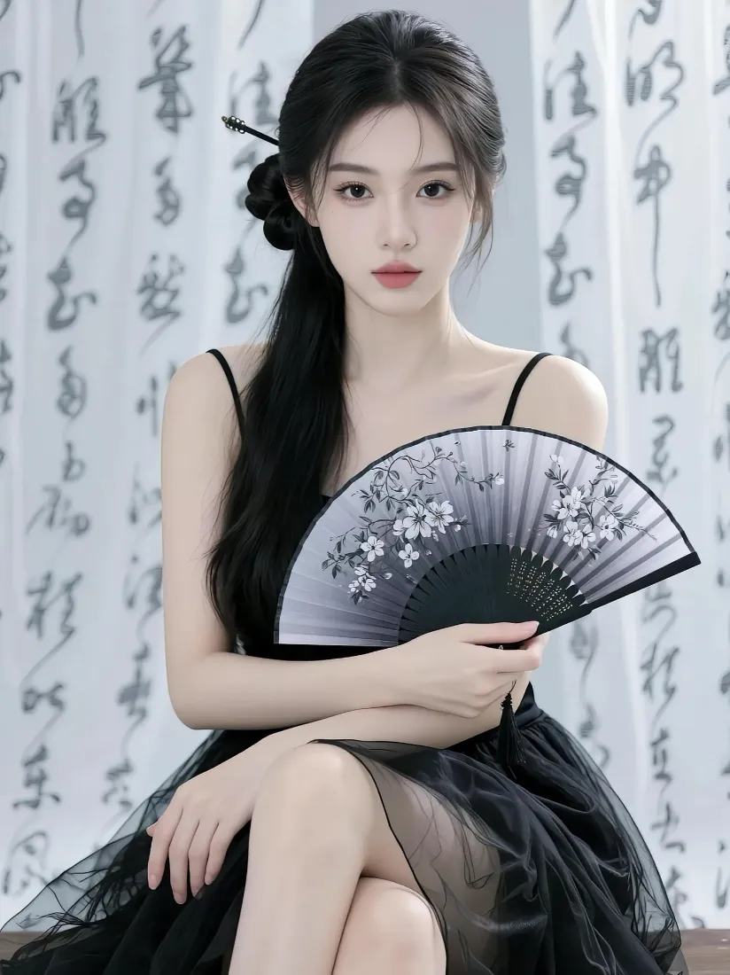 黑衣美女手机壁纸｜书法背景图 - 黑裙折扇国风「哲风壁纸」
