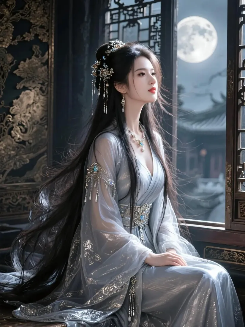 古装美人手机壁纸｜古风背景 - 月夜银灰古装「哲风壁纸」
