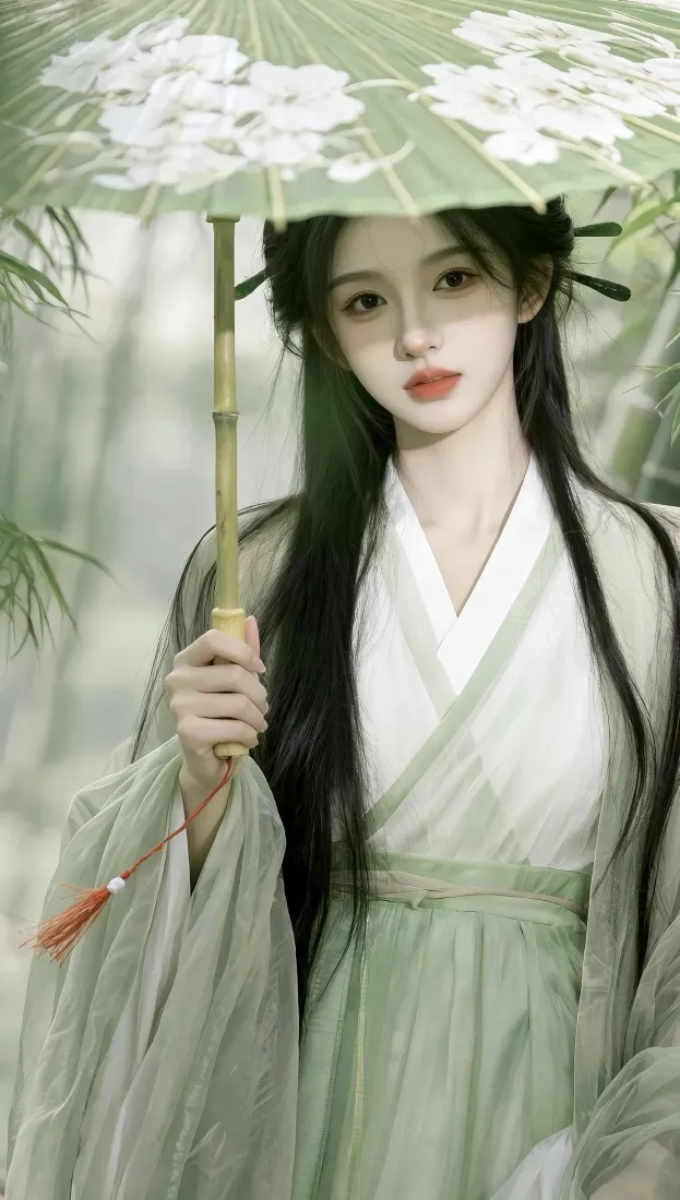 古风女子手机壁纸｜竹林背景图片 - 浅绿色古装「哲风壁纸」