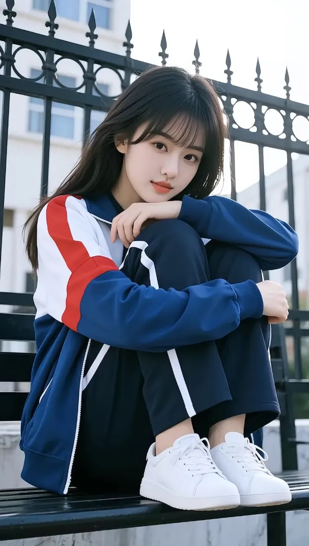 女孩运动服手机壁纸｜户外背景图片 - 长椅铁栅栏坐姿「哲风壁纸」