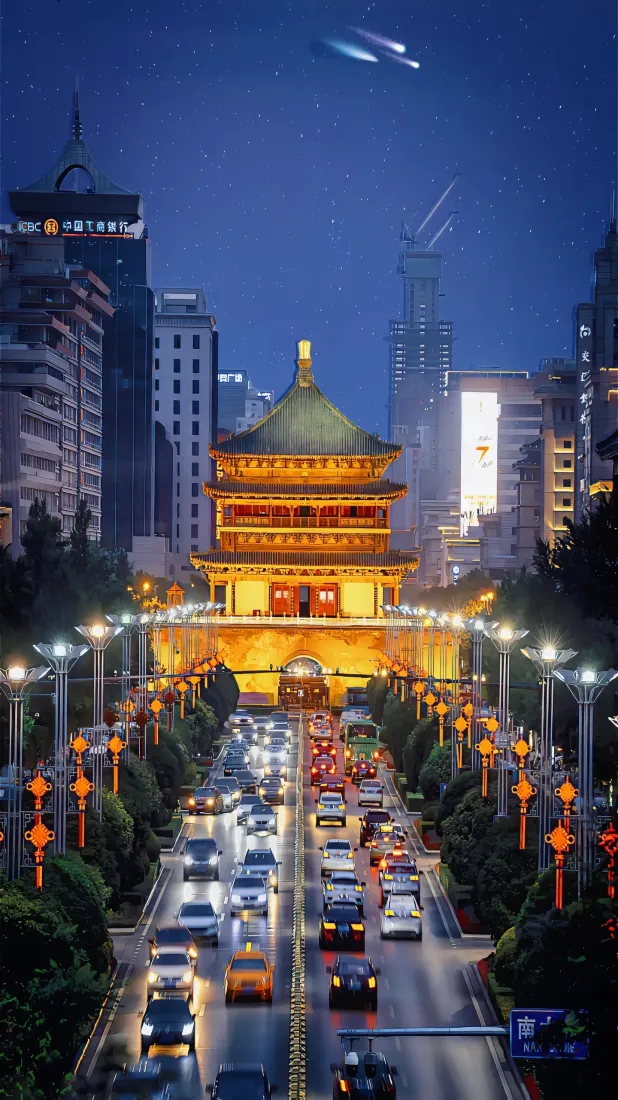 西安钟楼手机壁纸｜城市夜景背景图片 - 车流灯笼「哲风壁纸」