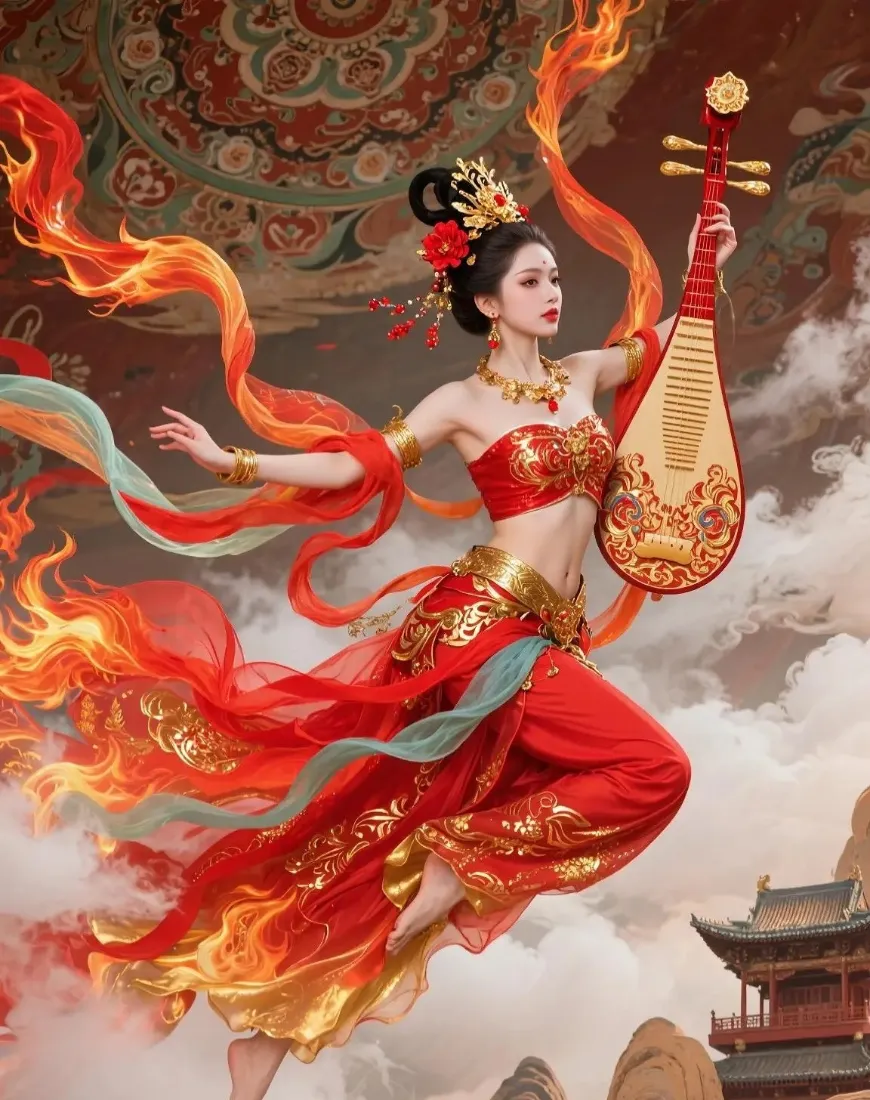 飞天古典女子手机壁纸｜古风背景图片 - 红色琵琶火焰祥云「哲风壁纸」