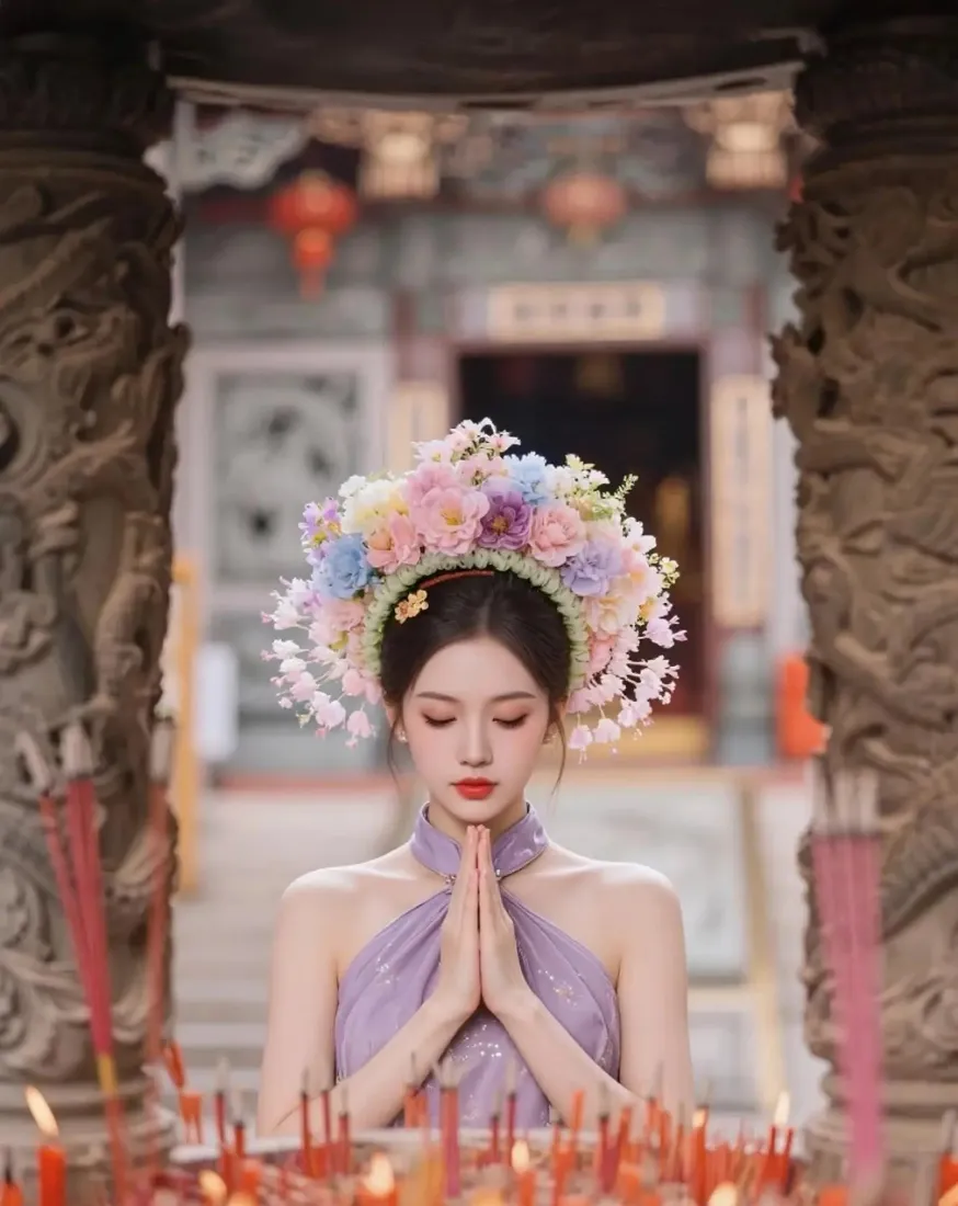 古典女子手机壁纸｜中式古建背景图片 - 紫衣花饰祈福「哲风壁纸」