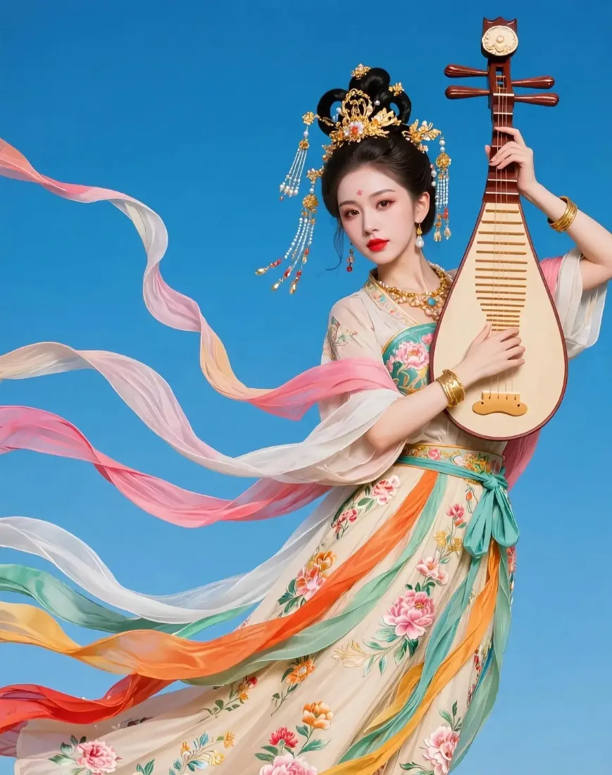 古风琵琶女子手机壁纸｜古典背景 - 汉服飘带蓝天「哲风壁纸」