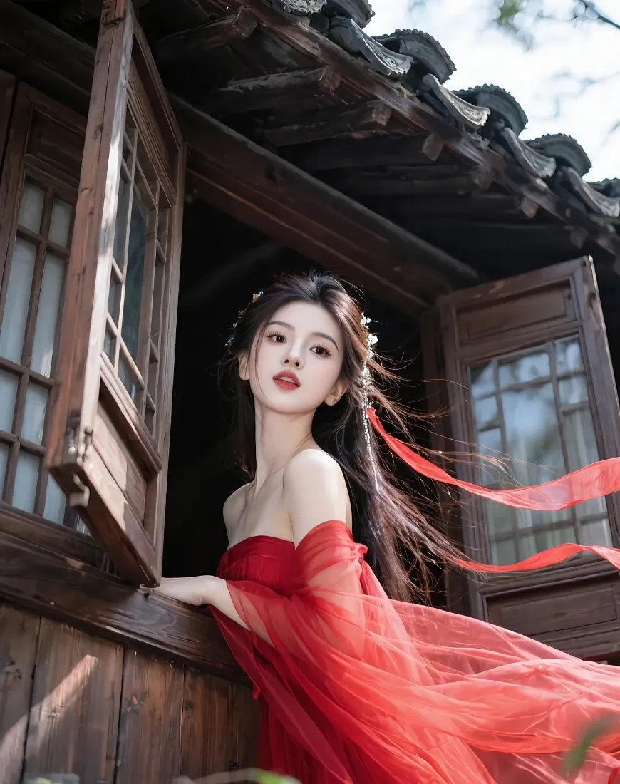 红衣古风女子手机壁纸｜古宅背景图 - 古典红裙「哲风壁纸」