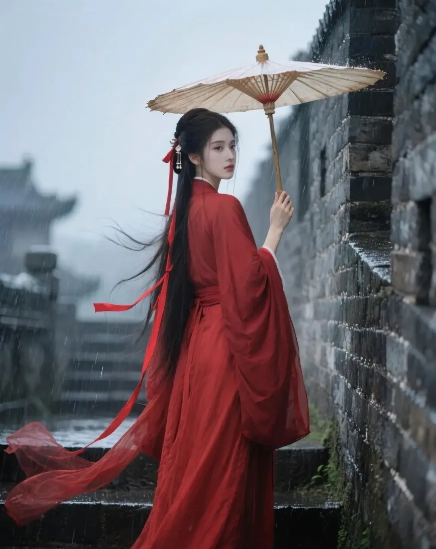 红衣美女古风手机壁纸｜烟雨古建筑石阶背景图片 - 油纸伞「哲风壁纸」