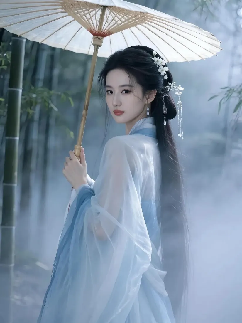 蓝衣古装美女手机壁纸｜竹林雾气背景图片 - 古风「哲风壁纸」