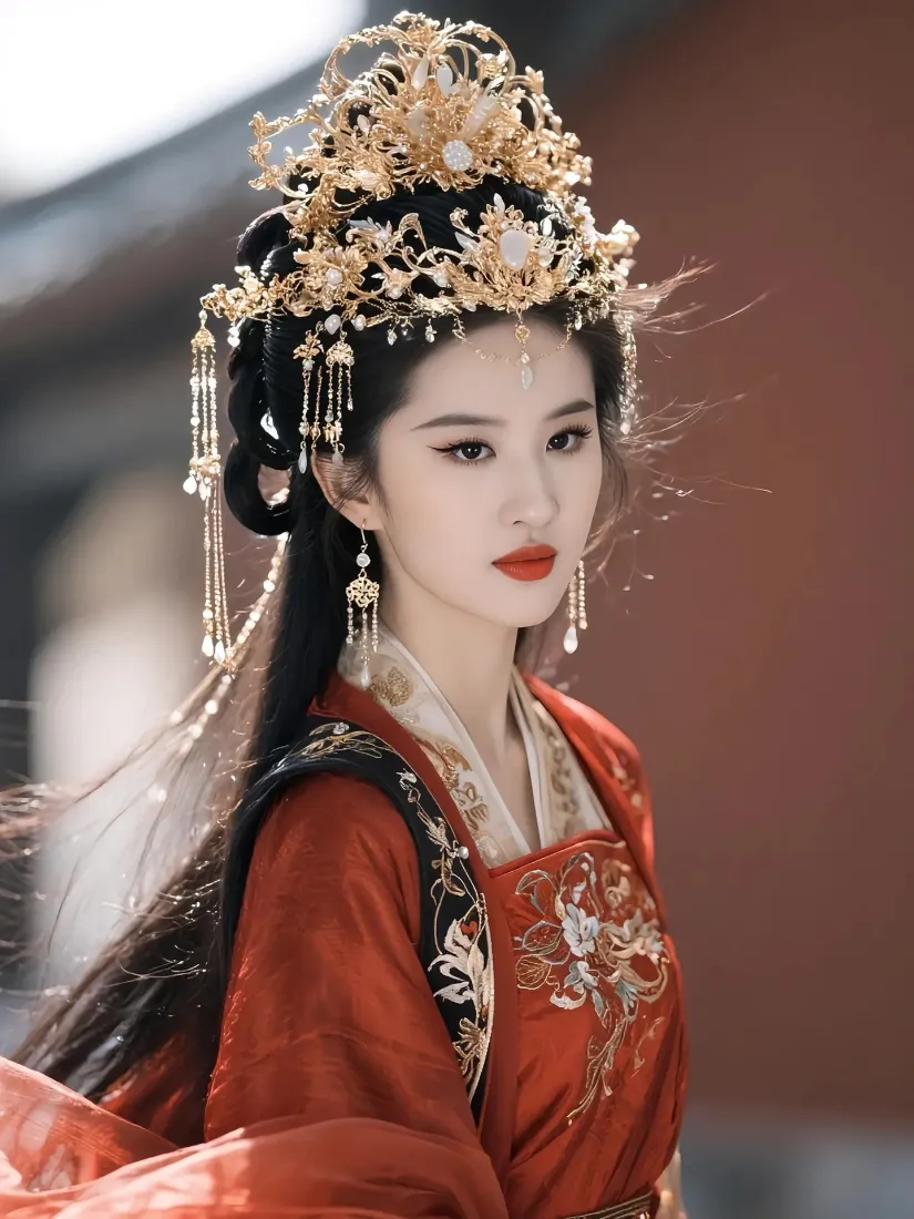 红衣古装美女手机壁纸｜古风背景图 - 金色头饰「哲风壁纸」