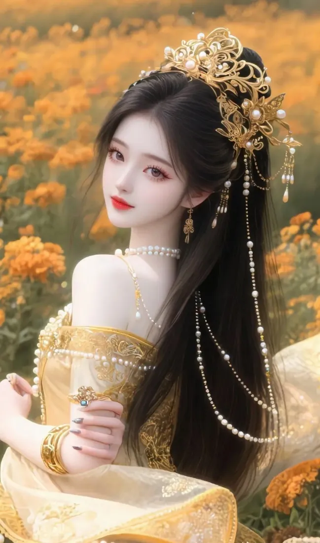 古装美女手机壁纸｜黄花花海背景 - 金色古装「哲风壁纸」