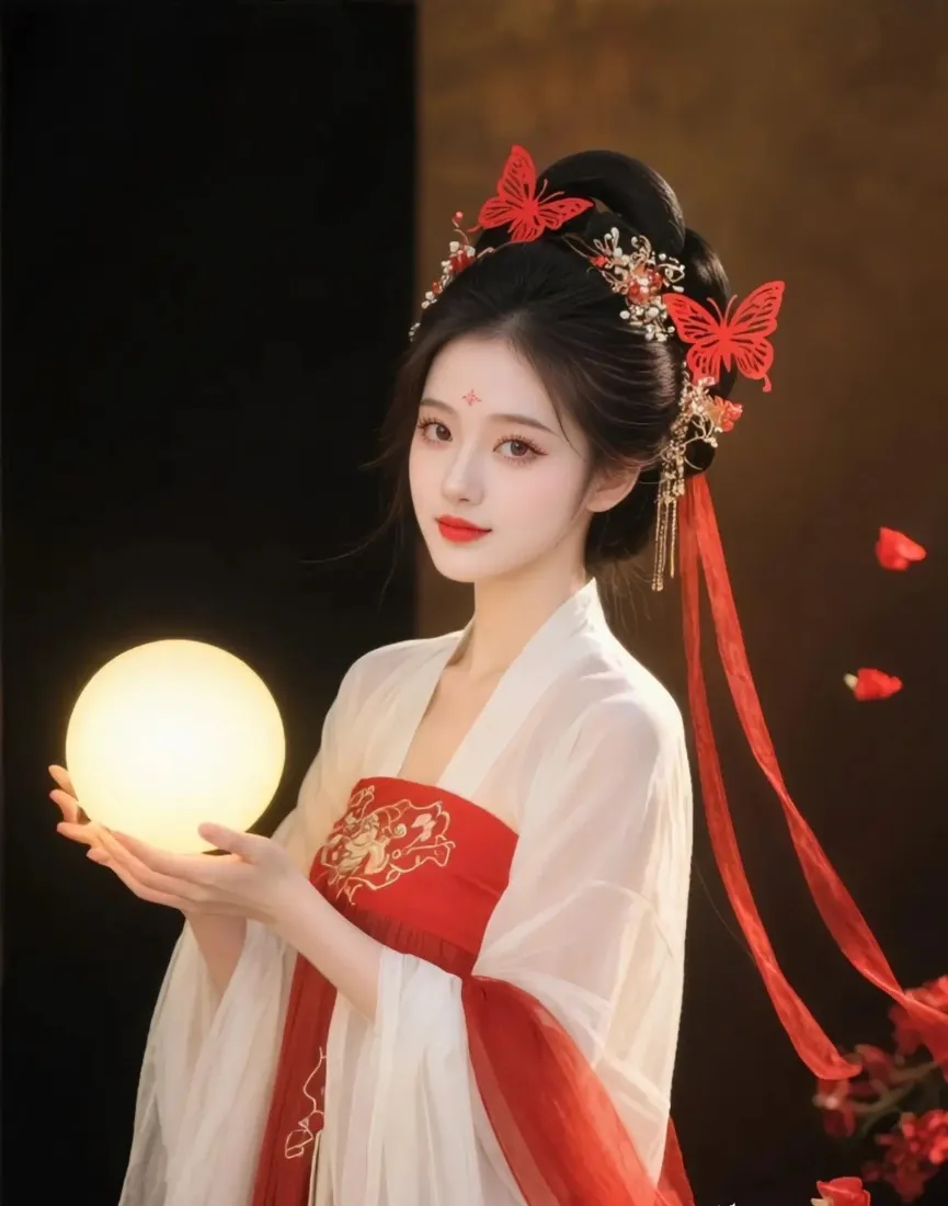 红衣古装美女手机壁纸｜古风背景图片 - 蝴蝶发饰「哲风壁纸」