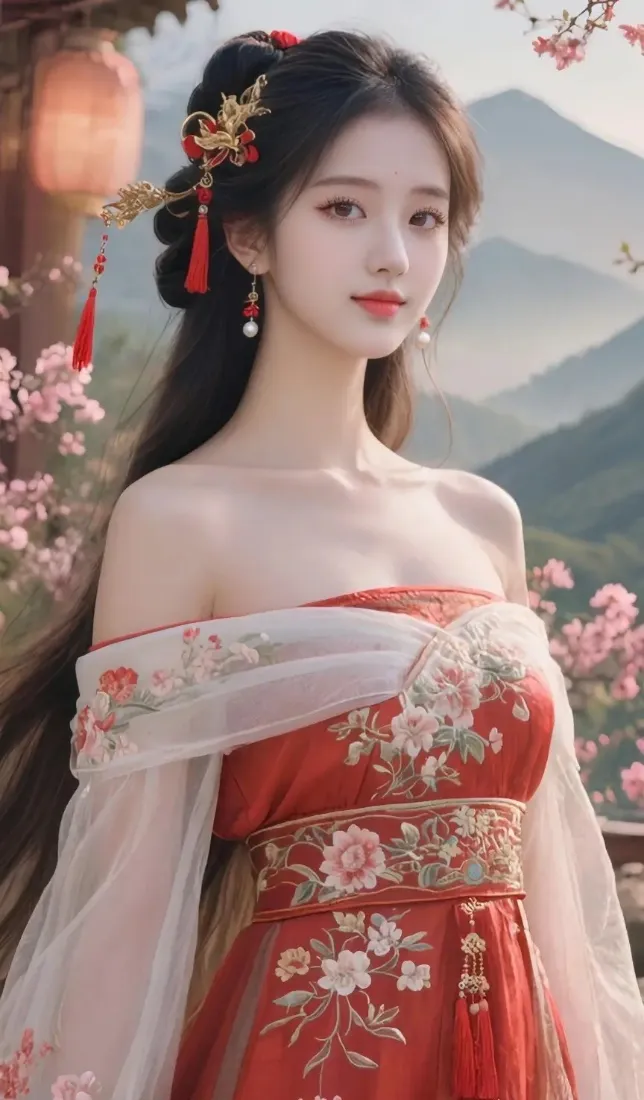 红衣古装美女手机壁纸｜古风山水背景 - 樱花发簪「哲风壁纸」