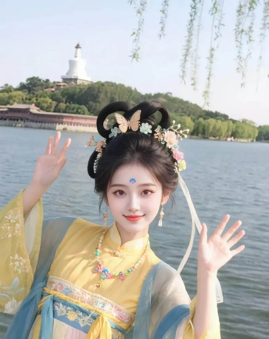 黄衣古装美女手机壁纸｜湖景白塔背景 - 古风「哲风壁纸」