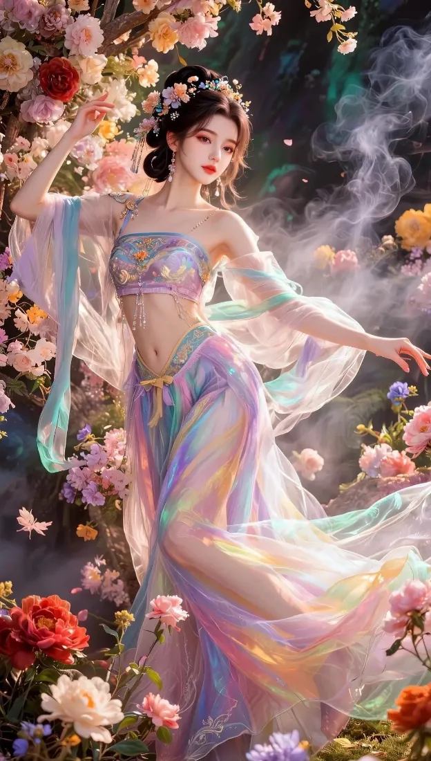 古风美女手机壁纸｜繁花烟雾背景图 - 古装彩裙「哲风壁纸」