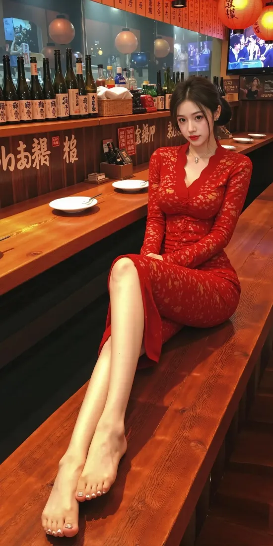 红衣美女手机壁纸｜酒馆背景图片 - 红色蕾丝裙「哲风壁纸」